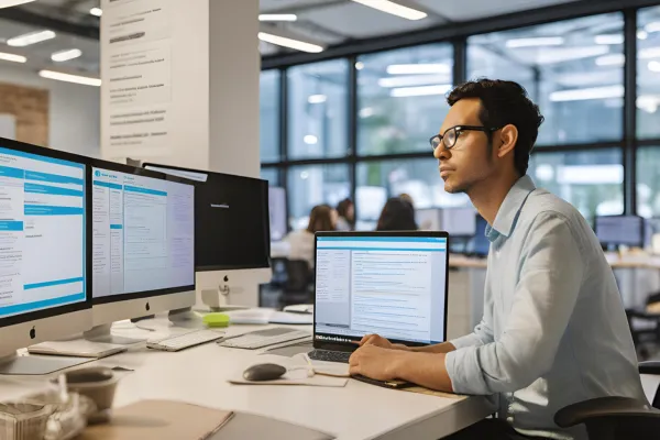 A man at a desk with dual computer screens, actively participating in liteblue job bidding activities.