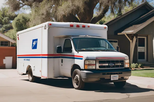 White truck adorned with a red, white, and blue stripe, symbolizing USPS Auto Insurance.