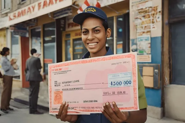 A woman stands in front of a building, holding a check, symbolizing payday loans available for postal employees