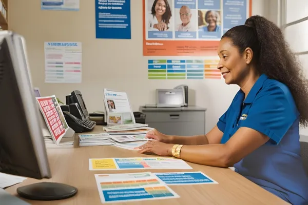 A woman wearing a blue shirt is seated at a desk, symbolizing support for postal employees seeking payday loans.