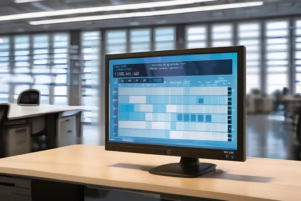 An office desk features a computer monitor showcasing Virtual Timecard LiteBlue, creating a productive workspace